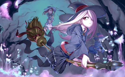 HD wallpaper of Sucy Manbavaran, Lotte Yanson, and Atsuko Kagari from the anime Little Witch Academia, featuring the characters in a mystical, magical setting.