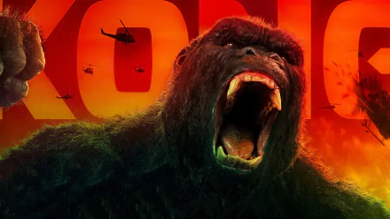 4K Ultra HD wallpaper featuring a roaring gorilla from the movie Kong: Skull Island against a fiery orange background with a helicopter in the distance.