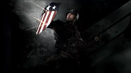 HD PC desktop wallpaper featuring Captain America from the movie Captain America: The First Avenger, showcasing him with his iconic shield in a dark, dramatic setting.
