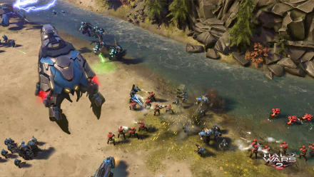 High-definition desktop wallpaper featuring a battle scene from Halo Wars 2 with vehicles and troops engaging by a river.