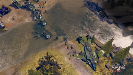 HD desktop wallpaper of Halo Wars 2 featuring a battlefield with vehicles and base structures.