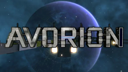 HD desktop wallpaper featuring the logo of Avorion with a stylized font set against a backdrop of space and a planet.