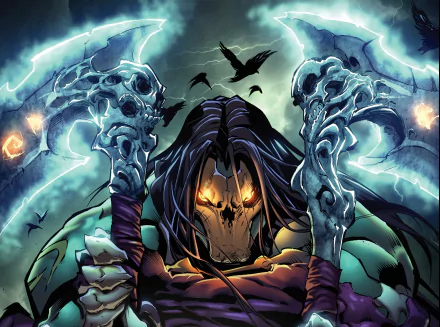 Dark warrior from Darksiders II grips skull-adorned weapons under stormy skies, with lightning and ravens enhancing this dark gaming HD desktop wallpaper.