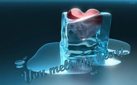 HD desktop wallpaper featuring a red heart melting inside a clear ice cube with the text You melt my heart, themed for Valentine's Day and holiday love.