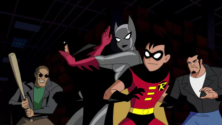 HD PC desktop wallpaper of Tim Drake's Robin and Batwoman from the movie Batman: Mystery of the Batwoman, poised ready amid shadowy thugs.