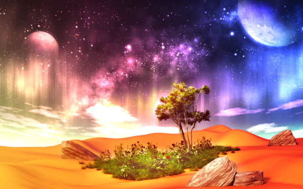 Vibrant 3D anime-style HD desktop wallpaper featuring a colorful desert oasis with a tree under a starry sky, aurora borealis, and distant planets in a fantasy CGI landscape.