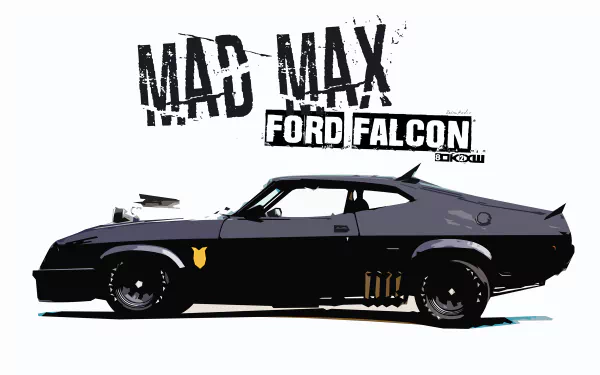 HD desktop wallpaper featuring the iconic Ford Falcon from the movie 'Mad Max', showcasing the sleek, powerful design of the vehicle. The text Mad Max and Ford Falcon is prominently displayed above the car.