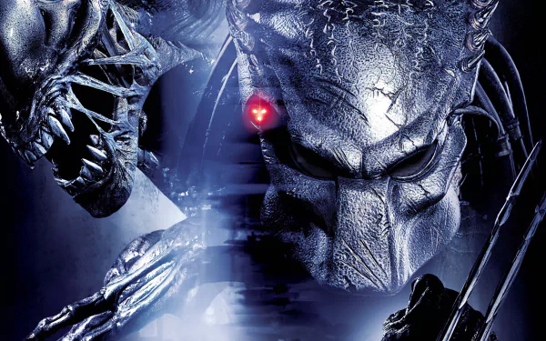 HD PC desktop wallpaper featuring a close-up of Predator and Alien from the movie Aliens vs. Predator: Requiem, highlighting intense details and eerie lighting.