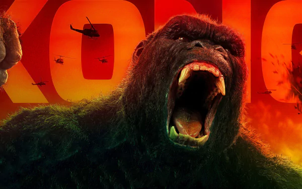 4K Ultra HD wallpaper featuring a roaring gorilla from the movie Kong: Skull Island against a fiery orange background with a helicopter in the distance.