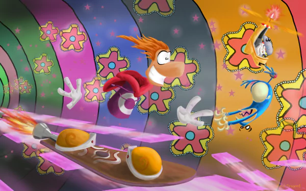 HD desktop wallpaper featuring Rayman from Rayman 3: Hoodlum Havoc, with colorful psychedelic background and cartoonish elements.
