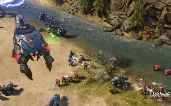 High-definition desktop wallpaper featuring a battle scene from Halo Wars 2 with vehicles and troops engaging by a river.