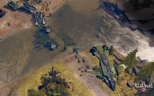 HD desktop wallpaper of Halo Wars 2 featuring a battlefield with vehicles and base structures.
