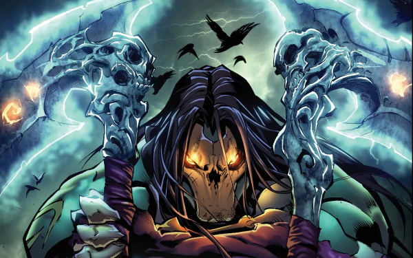 Dark warrior from Darksiders II grips skull-adorned weapons under stormy skies, with lightning and ravens enhancing this dark gaming HD desktop wallpaper.