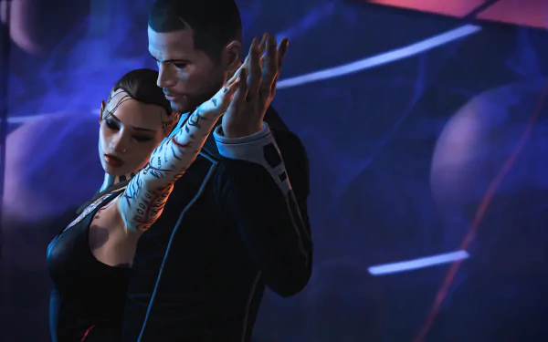Commander Shepard and Jack from the Mass Effect video game series, depicted in a close, dramatic pose against a cosmic background in HD quality.