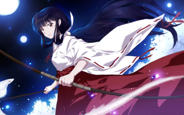 HD desktop wallpaper featuring Kikyô from the anime InuYasha, standing under a full moon with flowing dark hair and holding a bow. Bright stars and glowing elements adding a magical touch to the background.