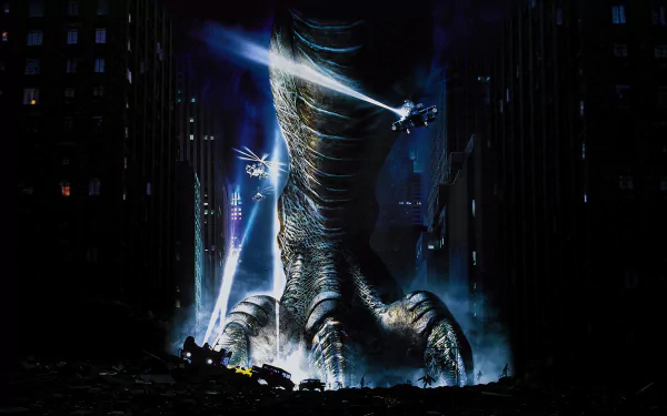 HD PC desktop wallpaper featuring Godzilla's massive foot crushing a city street at night from the 1998 TriStar movie Godzilla.