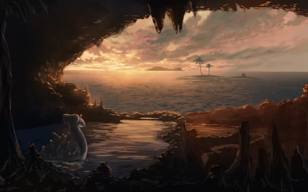 HD desktop wallpaper featuring Lapras from the Pokémon anime, set in a serene cave opening with a stunning sunset illuminating the distant ocean and islands.