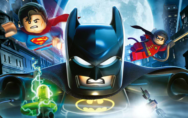 LEGO Batman: The Movie - DC Superheroes Unite HD PC desktop wallpaper/background: Lego Batman centered under a full moon, Superman and Robin flying, neon-lit villains and city skyline.