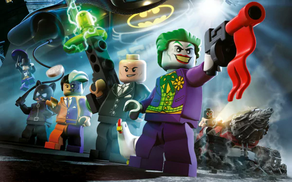 HD PC desktop wallpaper from the movie LEGO Batman: The Movie - DC Superheroes Unite, featuring Joker, Batman and other LEGO minifigures clashing under lightning and the glowing Bat‑signal.