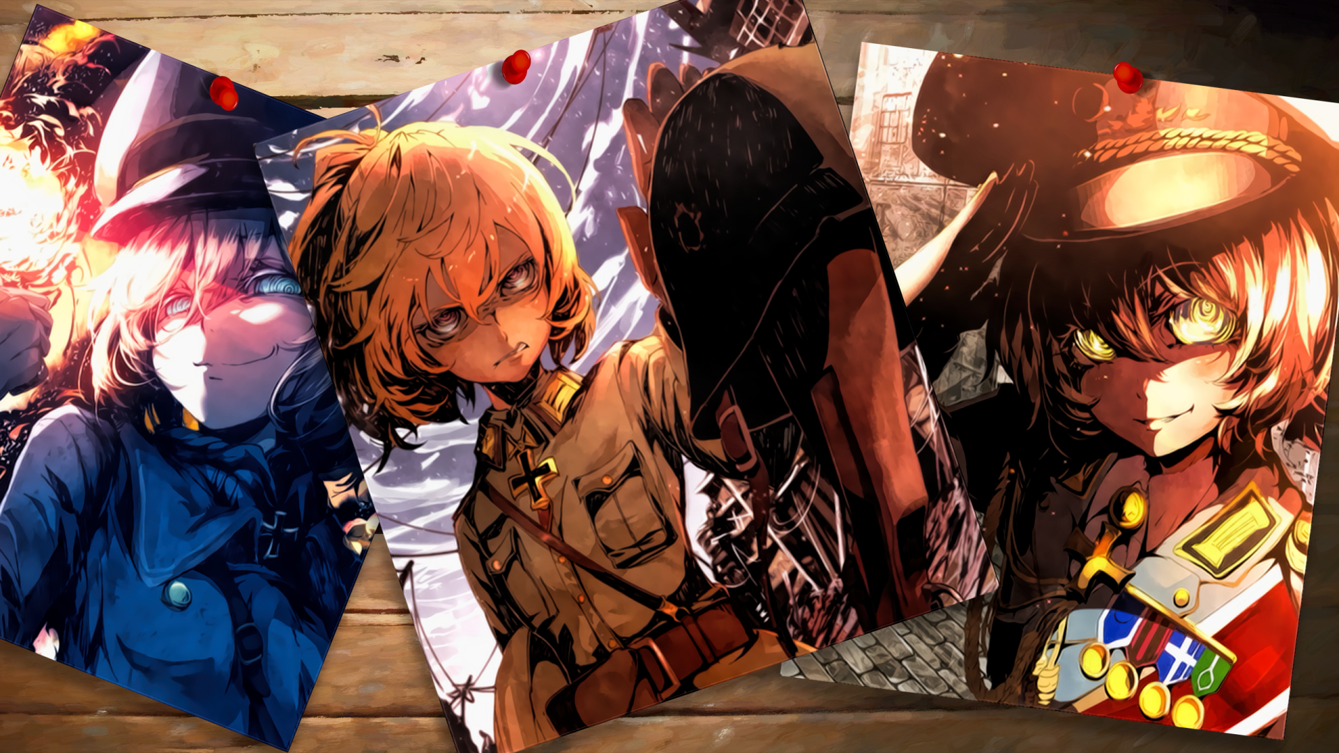 HD desktop wallpaper featuring Tanya Degurechaff from the anime Youjo Senki in various intense and dynamic poses.