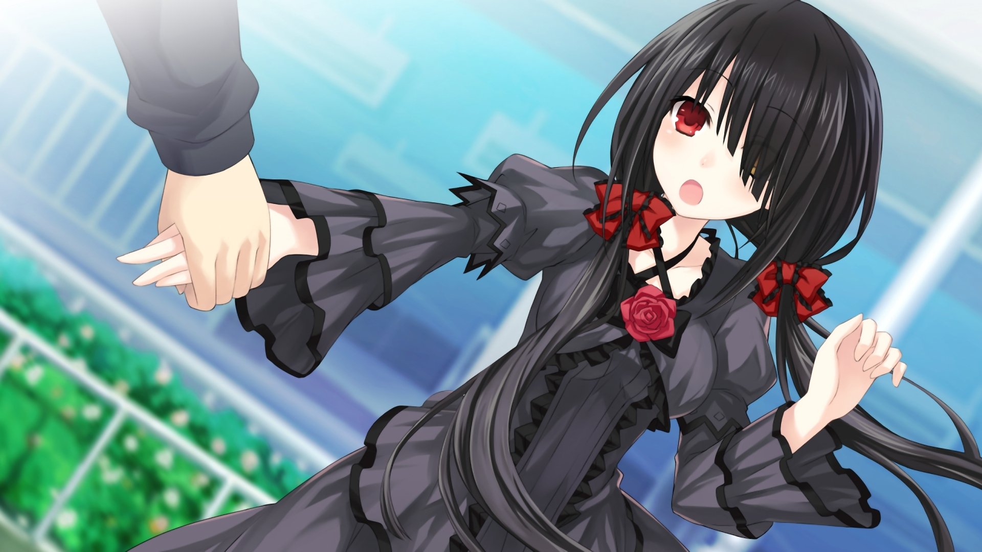HD wallpaper featuring Kurumi Tokisaki from the anime Date A Live. Kurumi, dressed in a gothic-style black dress with red bows, holds someone's hand against a bright blue background.