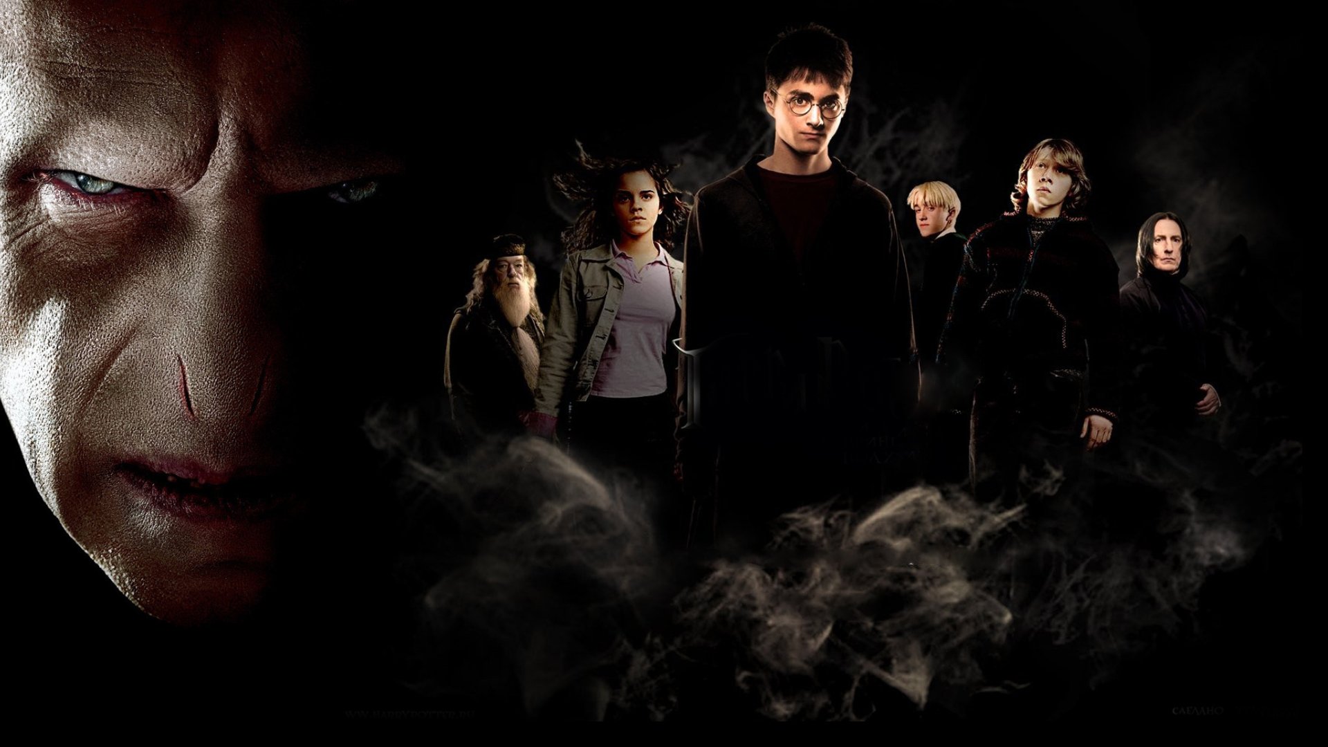 HD desktop wallpaper featuring characters from the Harry Potter movie series.