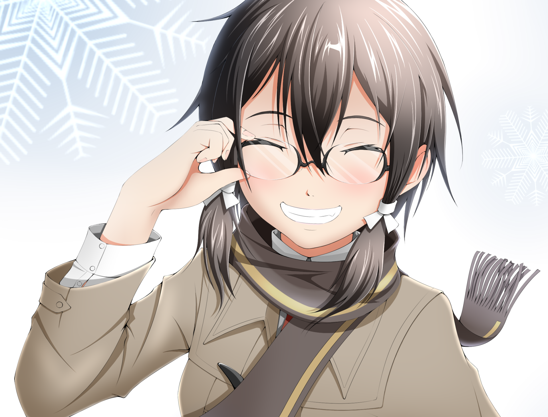 Anime-style portrait from Sword Art Online II featuring a smiling character with glasses and a scarf, designed as an HD PC desktop wallpaper.
