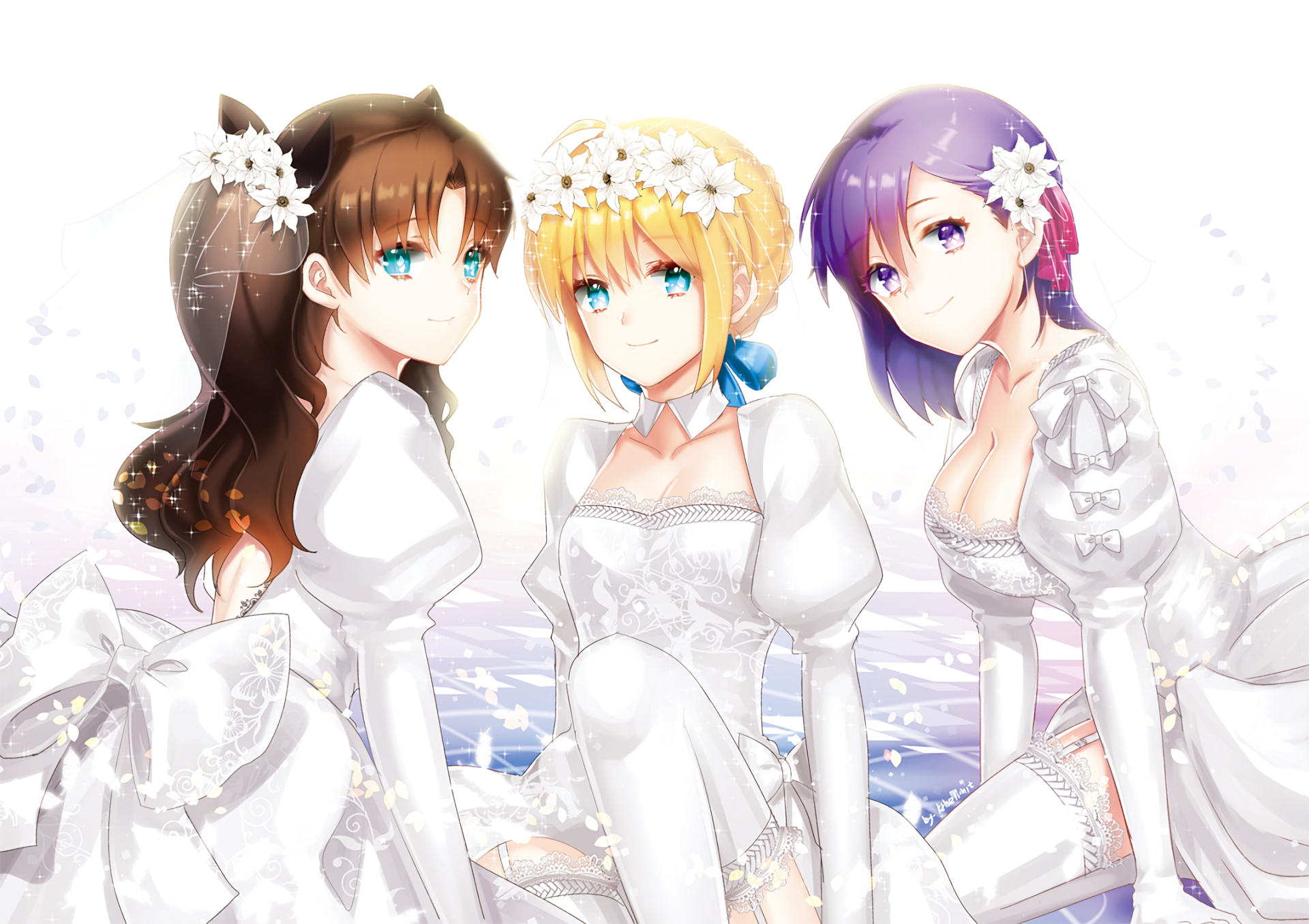 Anime-style HD PC desktop wallpaper featuring three Fate/Stay Night characters in elegant white dresses adorned with flowers against a soft, light background.