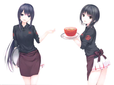 HD anime wallpaper featuring two original characters dressed in black shirts and maroon skirts, one holding a tray and the other presenting a bowl of food.