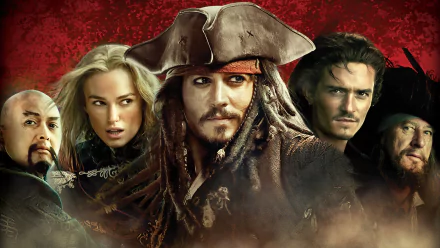 HD wallpaper of Pirates of the Caribbean: At World's End featuring Captain Sao Feng, Elizabeth Swann, Jack Sparrow, Will Turner, and Hector Barbossa against a red background.