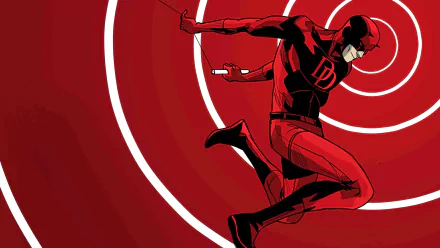 Comic-style HD PC desktop wallpaper of Daredevil in his red suit leaping past concentric white rings on a deep red background.