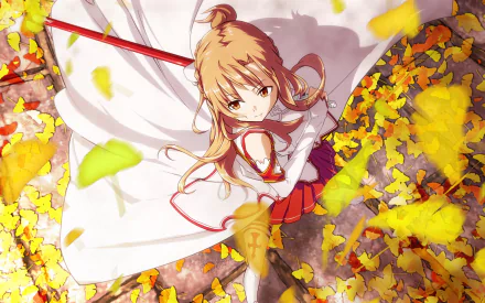 An HD wallpaper featuring Asuna Yuuki from Sword Art Online with brown eyes and long brown hair, surrounded by fall leaves.