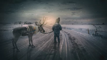 A child in winter attire stands on a snowy road, leading a reindeer. A tricycle lies abandoned nearby. This HD desktop wallpaper visually represents themes of snow, winter, and imaginative manipulation.
