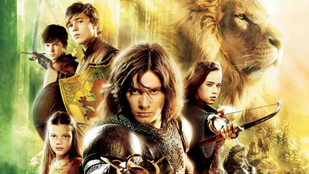 HD PC desktop wallpaper featuring characters from the movie The Chronicles of Narnia: Prince Caspian, including warriors and a majestic lion in a glowing forest setting.