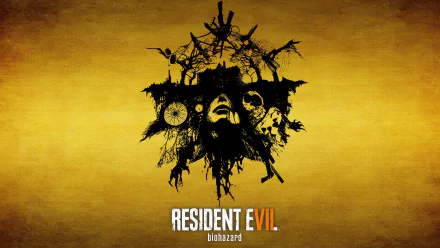 HD wallpaper for Resident Evil 7: Biohazard, featuring an intricate black silhouette design on a yellow background with the game's title at the bottom.