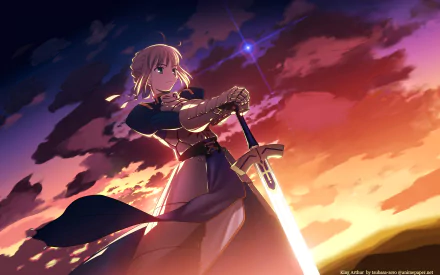 HD wallpaper featuring Saber from the Fate Series in an anime style, from Fate/Stay Night. She stands resolute, holding a glowing sword against a dramatic evening sky.