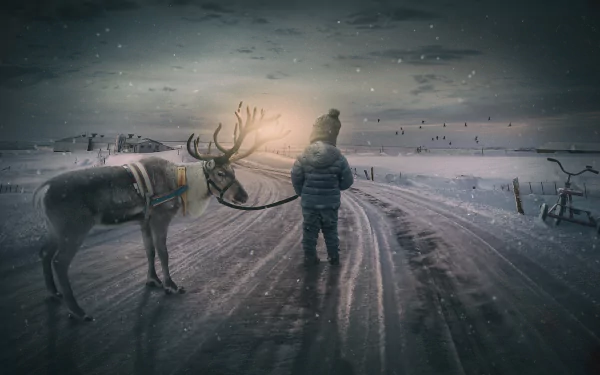 A child in winter attire stands on a snowy road, leading a reindeer. A tricycle lies abandoned nearby. This HD desktop wallpaper visually represents themes of snow, winter, and imaginative manipulation.