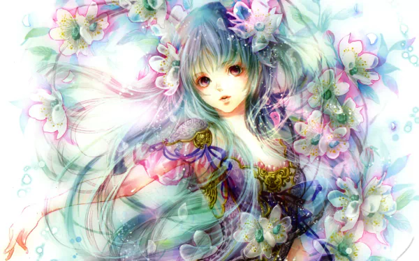 A high-definition wallpaper featuring an anime girl with flowing hair, surrounded by vibrant flowers, creating a dreamy and intricate floral dance ambiance.
