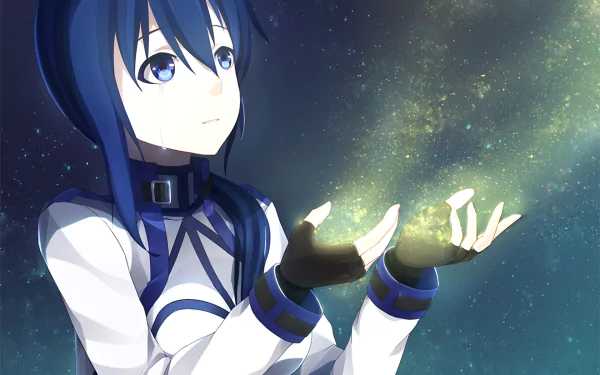HD PC desktop wallpaper of Mary from the anime Grimgar of Fantasy and Ash, depicting her with glowing particles emanating from her open hands against a starry background.