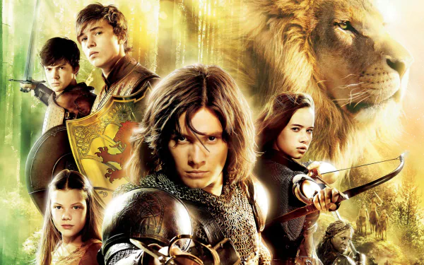 HD PC desktop wallpaper featuring characters from the movie The Chronicles of Narnia: Prince Caspian, including warriors and a majestic lion in a glowing forest setting.