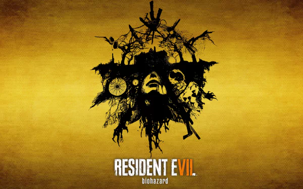 HD wallpaper for Resident Evil 7: Biohazard, featuring an intricate black silhouette design on a yellow background with the game's title at the bottom.