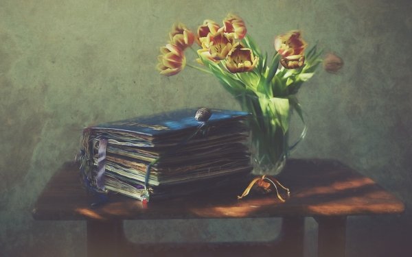 Artistic Still Life Book Painting Tulip Flower Vase HD Wallpaper | Background Image