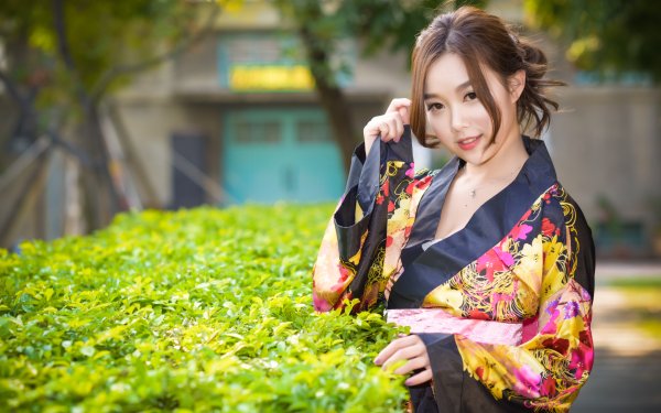 Women Asian Model Brunette Brown Eyes Kimono Depth Of Field HD Wallpaper | Background Image