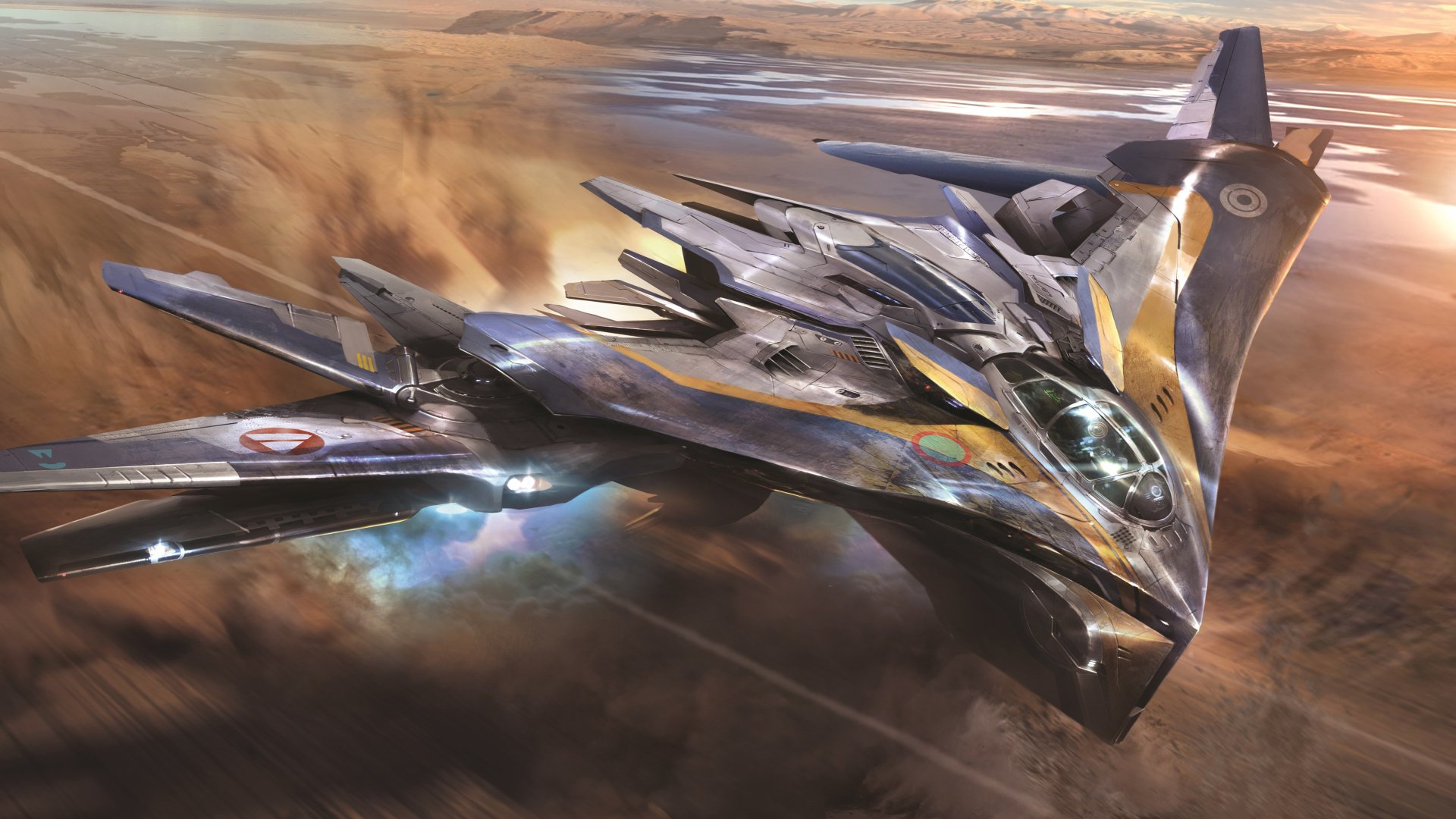HD desktop wallpaper featuring a spaceship from the movie Guardians of the Galaxy, flying above a desert landscape. The spacecraft has a sleek, futuristic design with glowing blue engines.