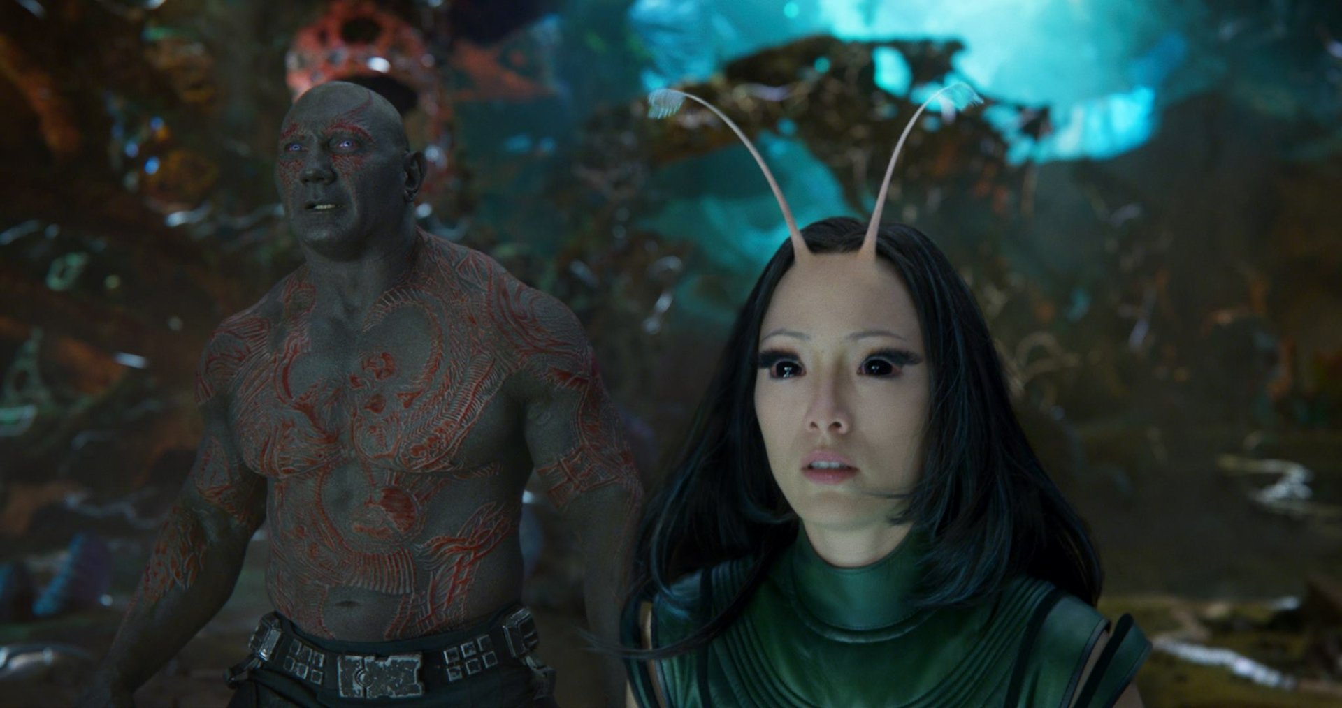 Drax the Destroyer and Mantis stand alert in a moody cosmic scene from Guardians of the Galaxy Vol. 2 — HD PC desktop wallpaper background.