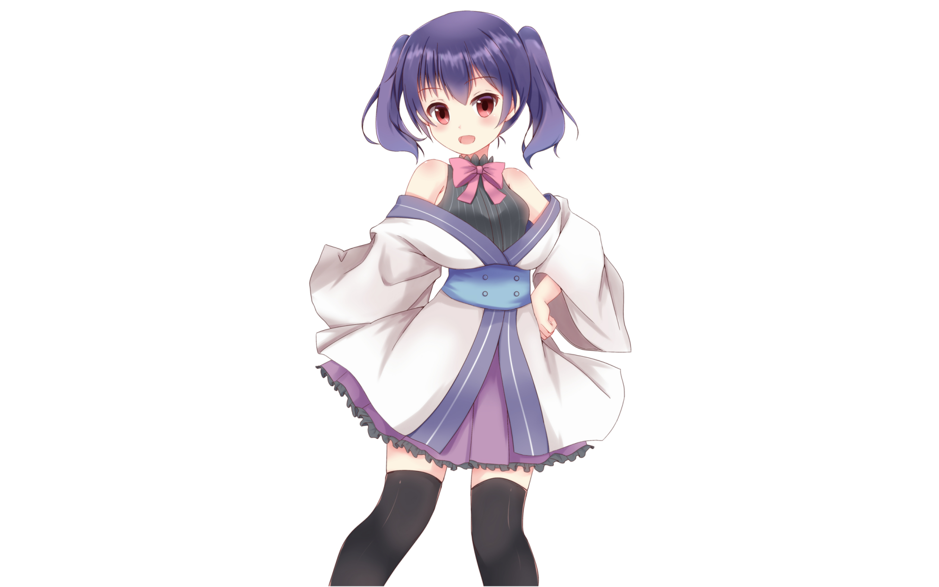 Anime character from Urara Meirochō in a white-and-purple outfit with black thigh-highs, centered on a clean white 2K Quad HD PC desktop wallpaper background.