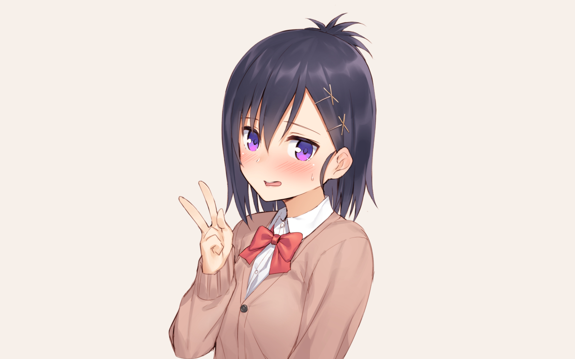 HD anime desktop wallpaper featuring Vignette Tsukinose April from Gabriel DropOut making a peace sign with a soft blush and a beige school uniform.