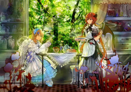 HD anime desktop wallpaper featuring Dialo and Chelan from The Gray Garden, set in a bright, detailed kitchen with lush greenery visible through the window.