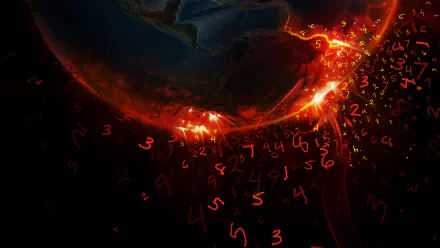 HD PC desktop wallpaper background for the movie Knowing: scorched Earth rimmed in red with fiery eruptions and glowing numbers tumbling into the dark of space.