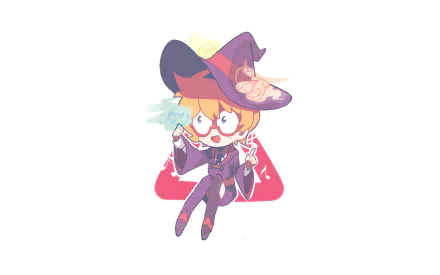 Chibi-style Lotte Yanson from Little Witch Academia, wearing a witch hat and glasses, floating with a magical aura in an HD anime desktop wallpaper design.